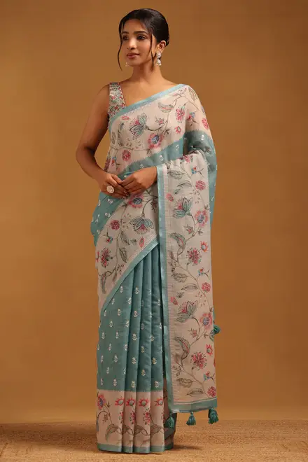 Powder Blue Linen Botanical Saree With Machine Embroidery